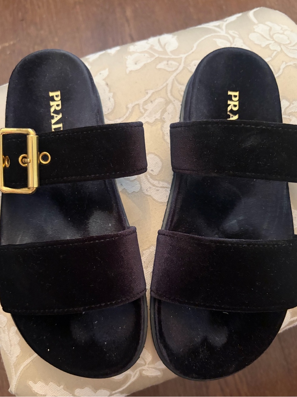 Prada Black Velvet Slide with Gold Hardware